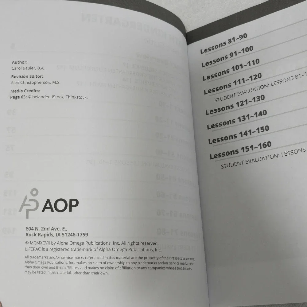 AOP Lifepac Kindergarten Language Arts / Math Teacher's Edition Homeschool Books